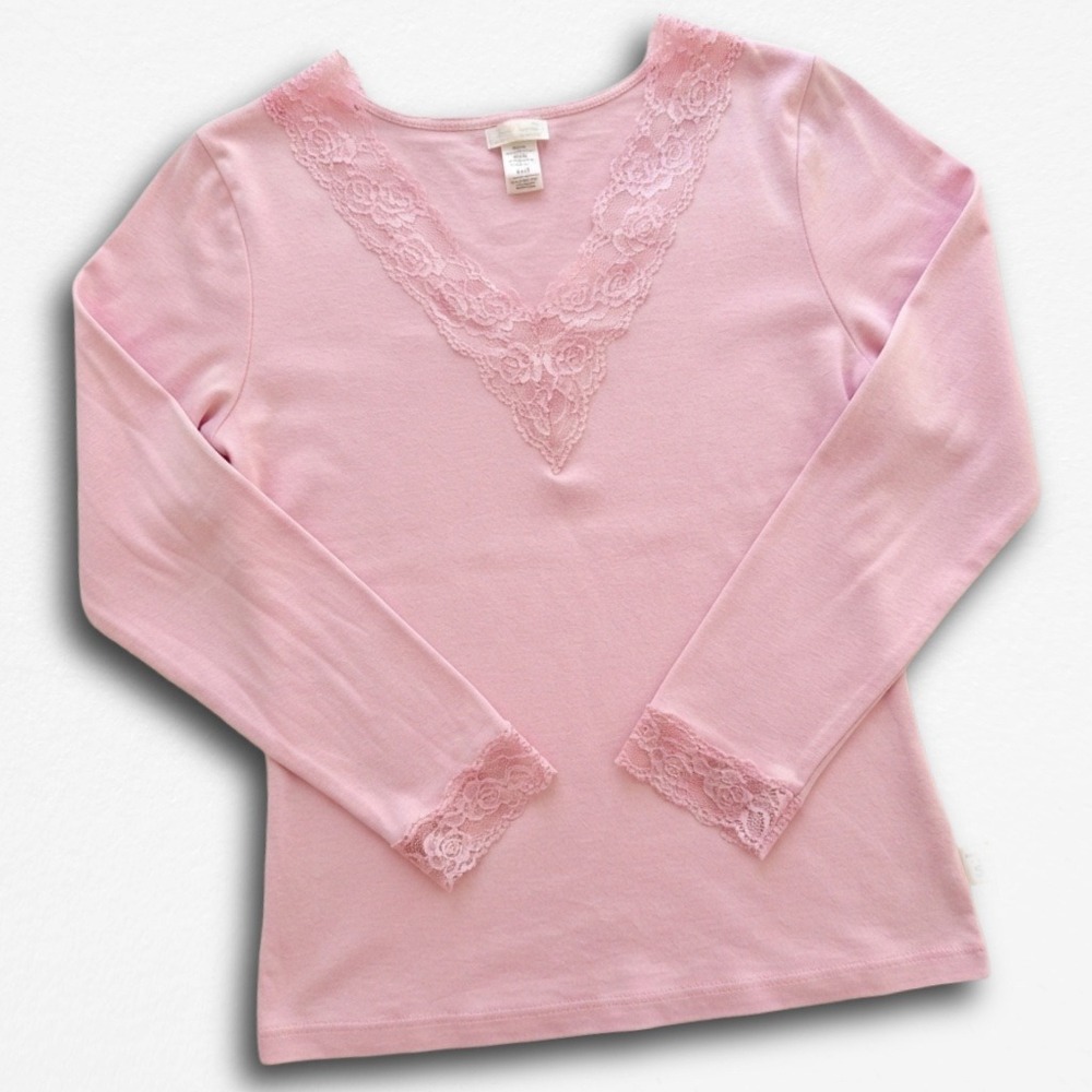 TRY Pink Lace Trim V-Neck Long Sleeve Top Women XL Coquette Balletcore Soft Girl